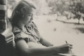 Sylvia Hand Pott ’52 studying on the ledge of her dorm, third east in the main building, 1951.